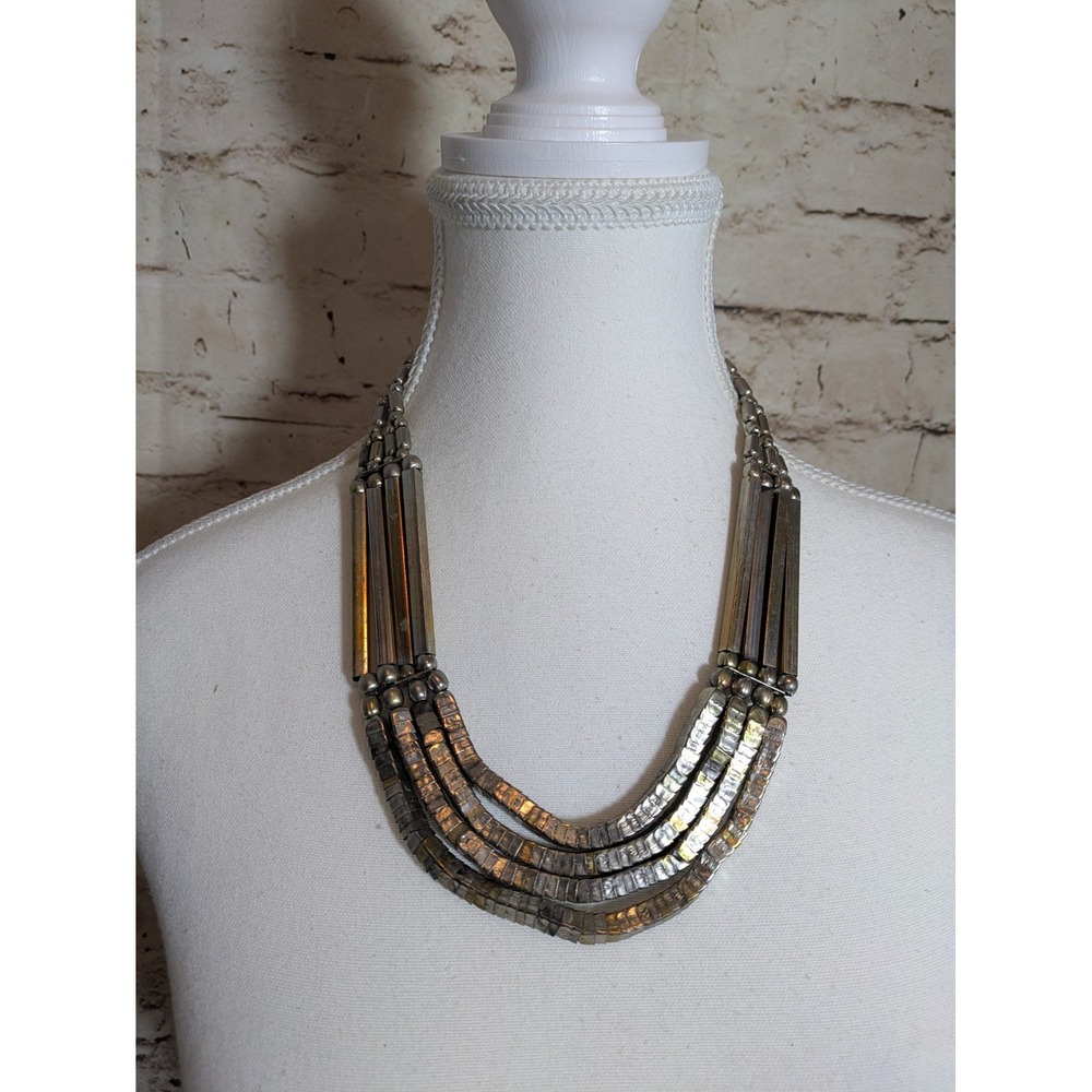 Brutalist Necklace In Silver & Bronze Tones Abstract Modernist Hammered 20" Long